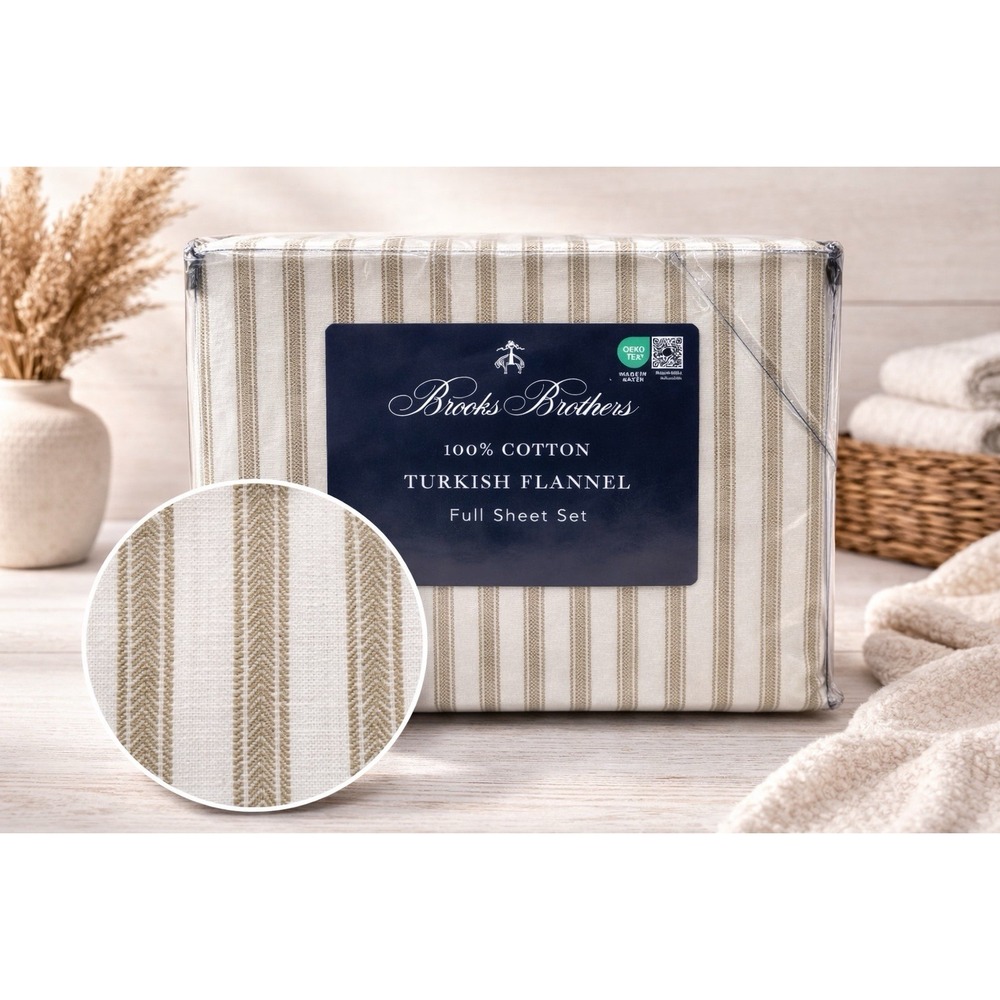 Brooks Brothers Luxury Turkish Cotton‎ Flannel Sheet Set Beige White Size Full